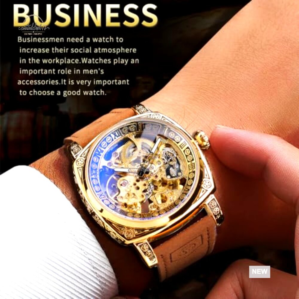 Retro Square Skeleton Automatic Watch Self-Wind M… - image 3